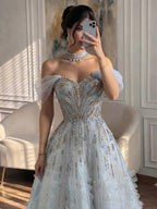Luxury Light Blue Off The Shoulder Beaded Tiered Ruffle Dress LA73843