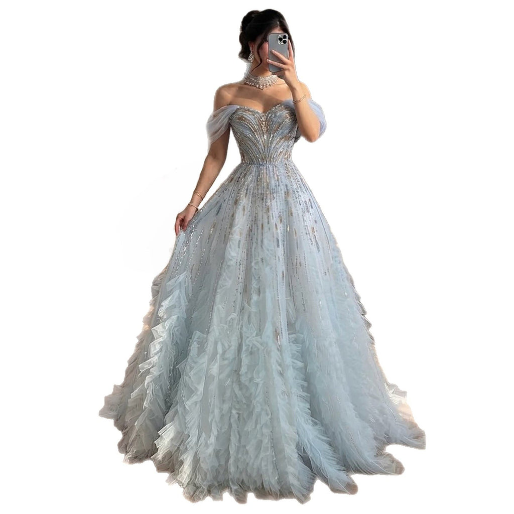 Luxury Light Blue Off The Shoulder Beaded Tiered Ruffle Dress LA73843