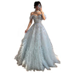 Luxury Light Blue Off The Shoulder Beaded Tiered Ruffle Dress LA73843