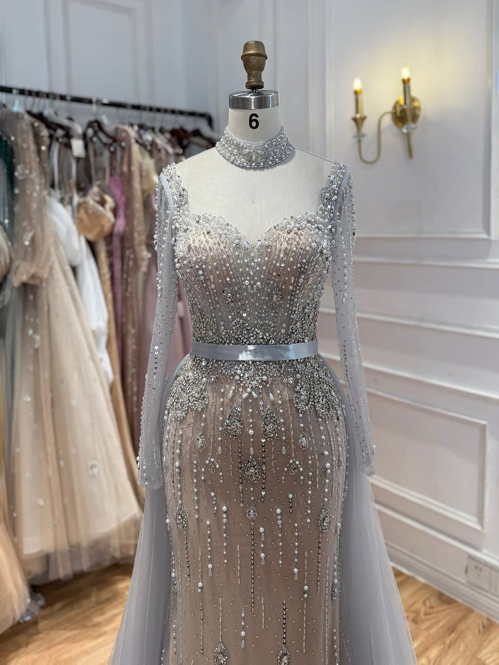 Luxury Gray Nude Pearls Beaded Mermaid Evening Dress Overskirt LA73884