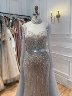 Luxury Gray Nude Pearls Beaded Mermaid Evening Dress Overskirt LA73884