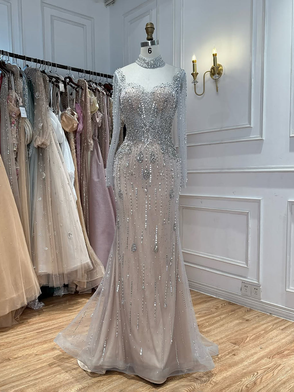 Luxury Gray Nude Pearls Beaded Mermaid Evening Dress Overskirt LA73884