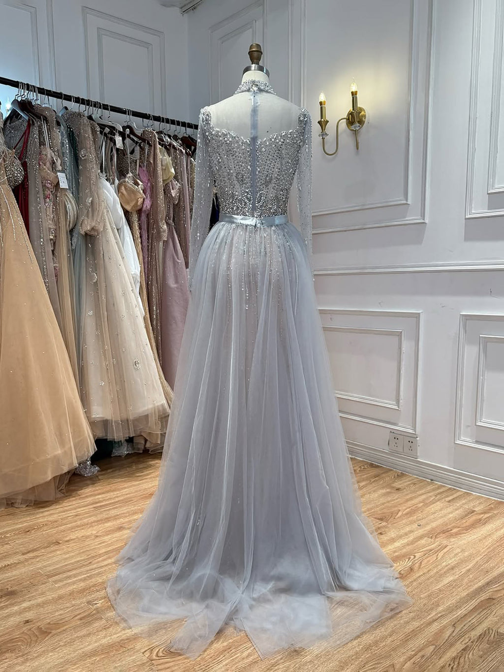 Luxury Gray Nude Pearls Beaded Mermaid Evening Dress Overskirt LA73884