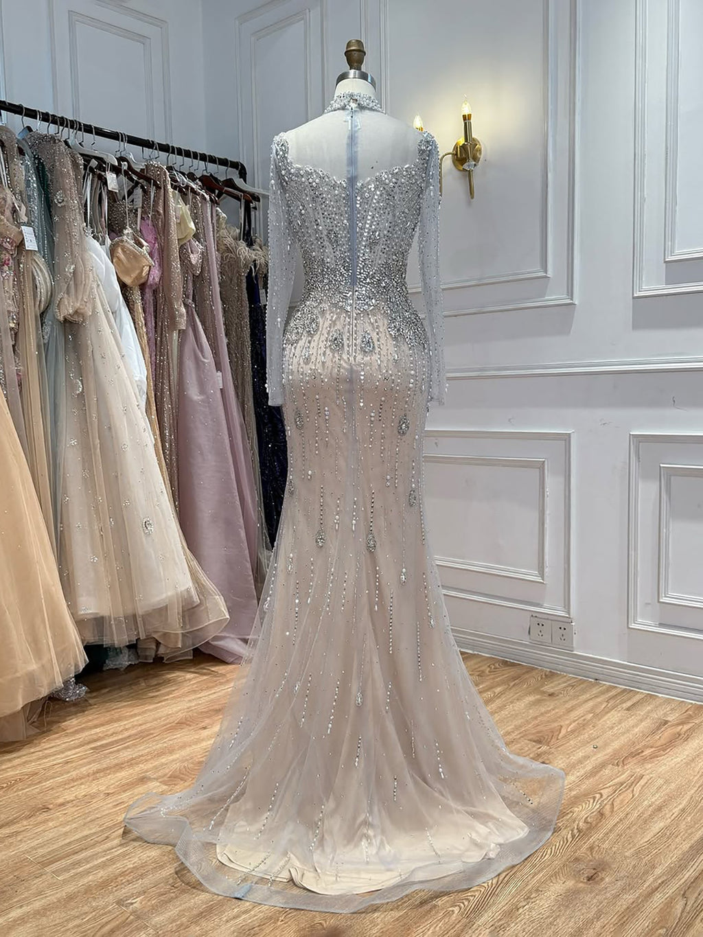 Luxury Gray Nude Pearls Beaded Mermaid Evening Dress Overskirt LA73884