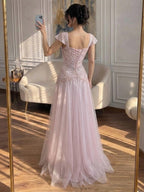 Luxury Pink Beaded Cap Sleeve Lace Up A-Line Dress LA73844