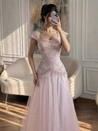 Luxury Pink Beaded Cap Sleeve Lace Up A-Line Dress LA73844