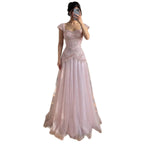 Luxury Pink Beaded Cap Sleeve Lace Up A-Line Dress LA73844