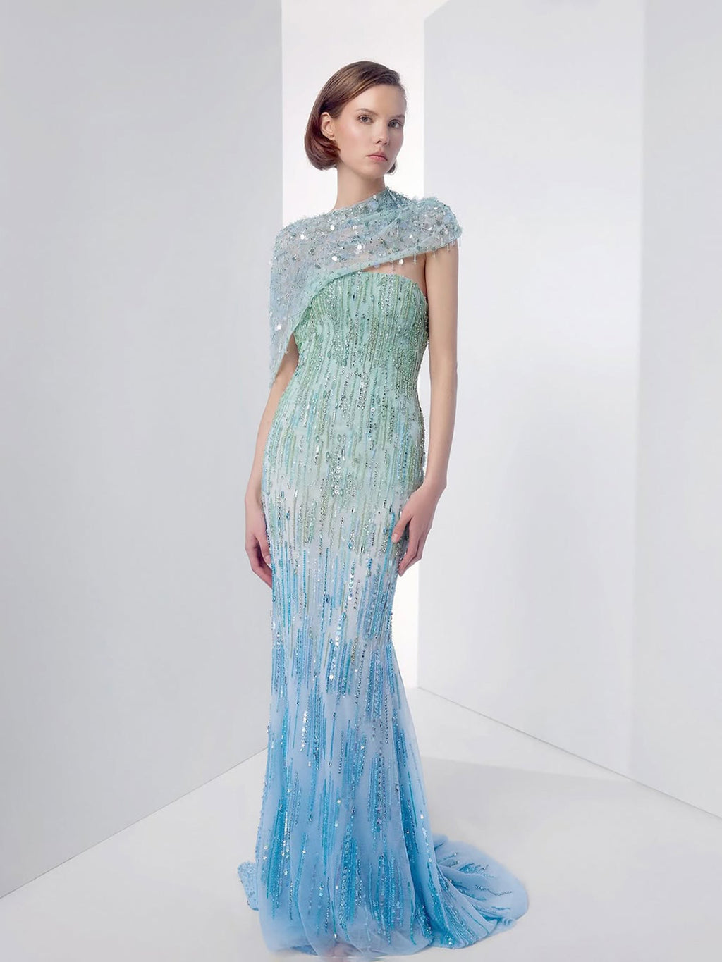 Luxury Blue One Shoulder Ombre Beaded Backless Mermaid Dress LA73845