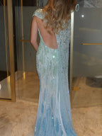 Luxury Blue One Shoulder Ombre Beaded Backless Mermaid Dress LA73845