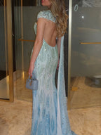 Luxury Blue One Shoulder Ombre Beaded Backless Mermaid Dress LA73845