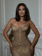 Luxury Gold Plunging Sweetheart Ruched Fitted Mermaid Dress LA73846