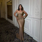 Luxury Gold Plunging Sweetheart Ruched Fitted Mermaid Dress LA73846