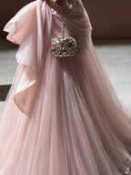 Luxury Pink Square Neck 3D Floral Asymmetric Draped Mermaid Dress LA73847