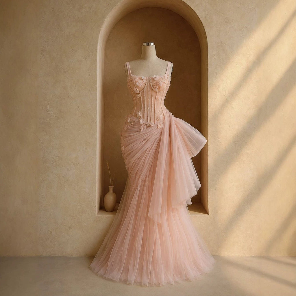 Luxury Pink Square Neck 3D Floral Asymmetric Draped Mermaid Dress LA73847