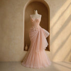 Luxury Pink Square Neck 3D Floral Asymmetric Draped Mermaid Dress LA73847