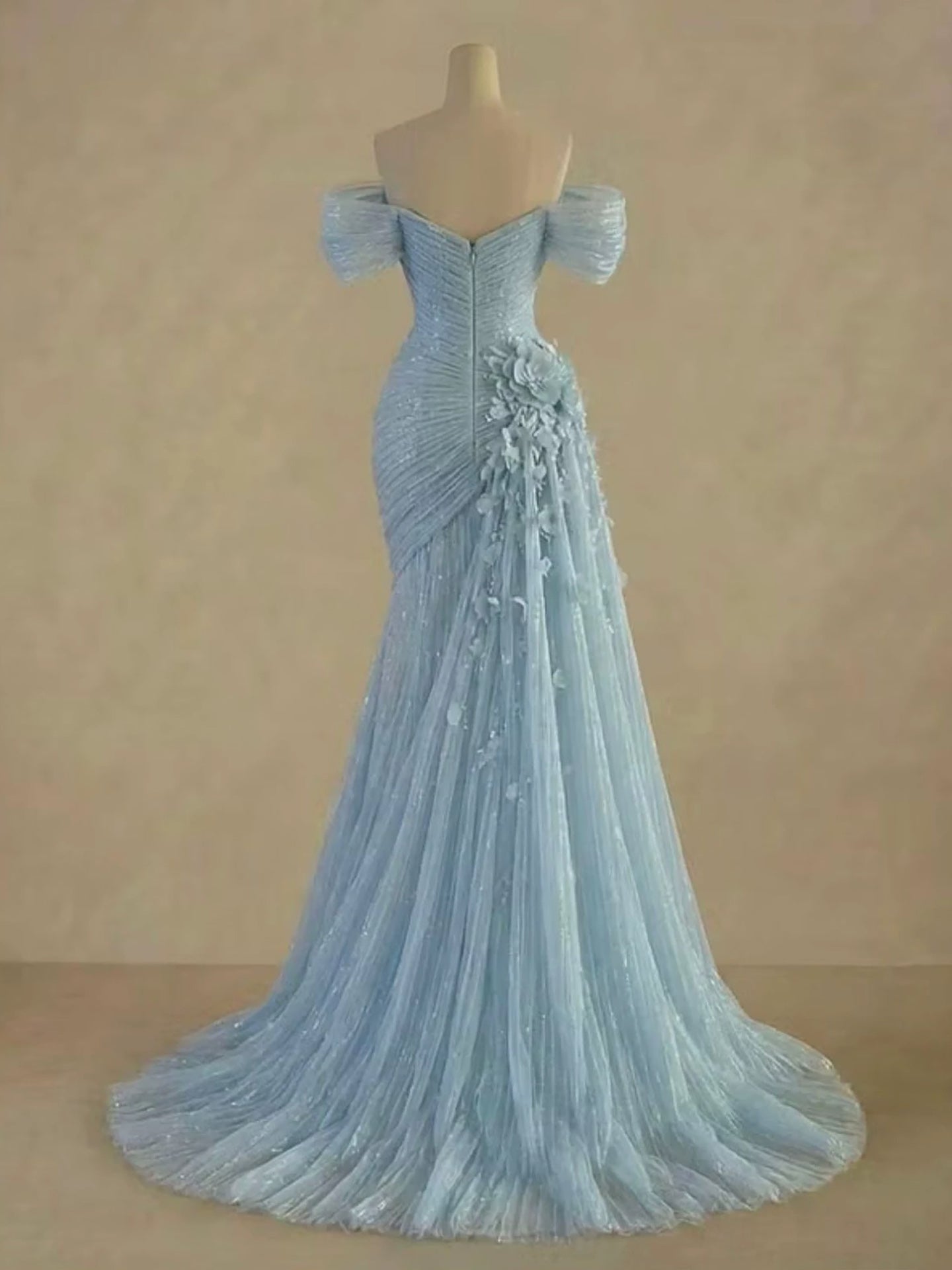 Luxury Light Blue Off The Shoulder 3D Floral Ruched Mermaid Dress LA73850