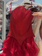 Luxury Wine Red Strapless Basque Shimmering Cascading Ruffle Dress LA73852