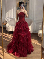 Luxury Wine Red Strapless Basque Shimmering Cascading Ruffle Dress LA73852