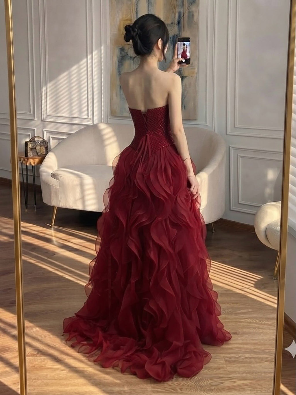 Luxury Wine Red Strapless Basque Shimmering Cascading Ruffle Dress LA73852