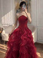 Luxury Wine Red Strapless Basque Shimmering Cascading Ruffle Dress LA73852