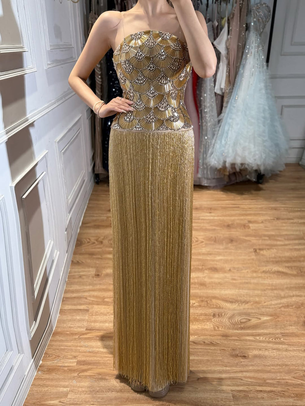 Luxury Gold Beaded Fringe Strapless Art Deco Dress LA73853