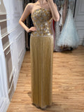Luxury Gold Beaded Fringe Strapless Art Deco Dress LA73853