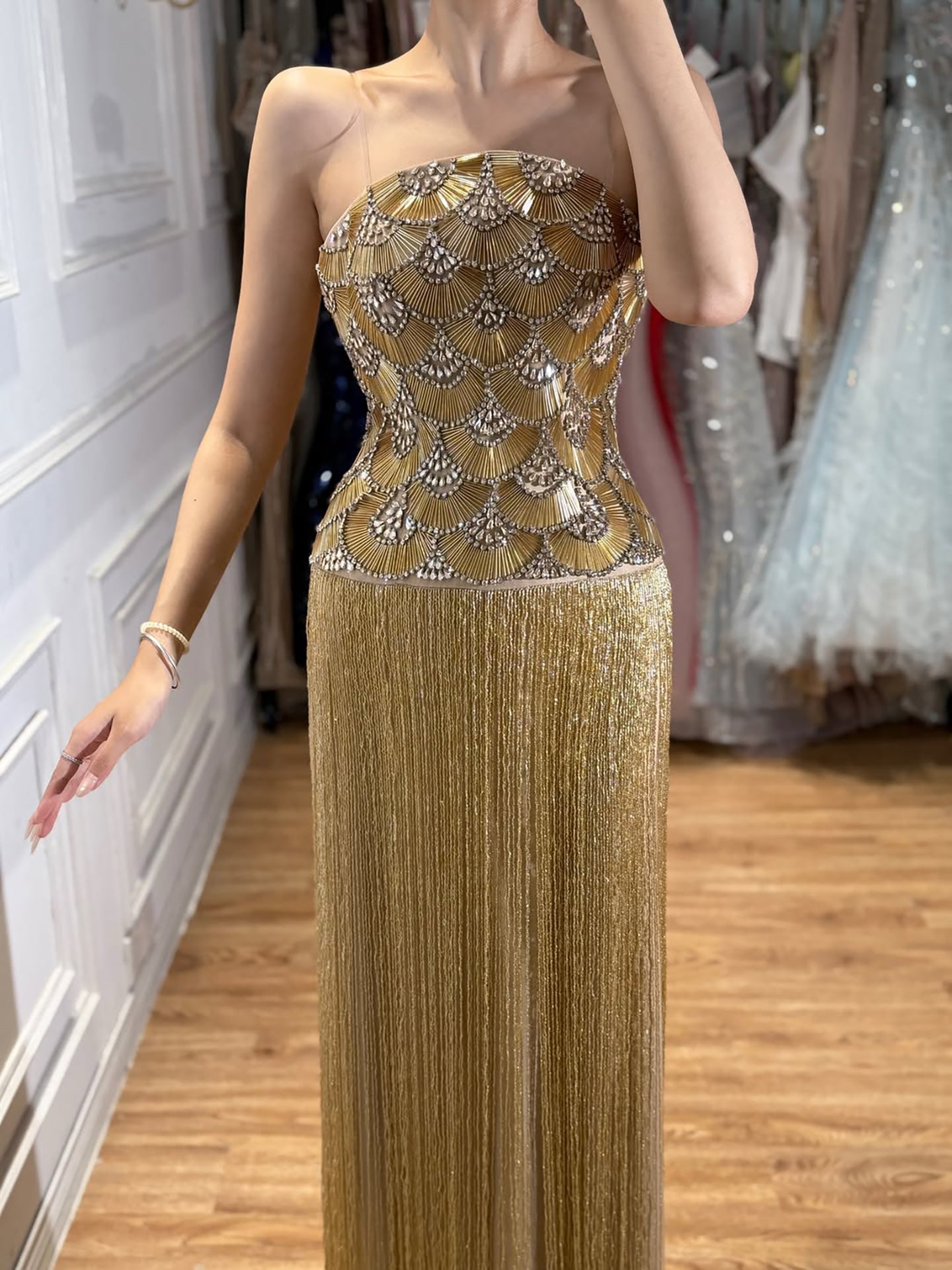Luxury Gold Beaded Fringe Strapless Art Deco Dress LA73853