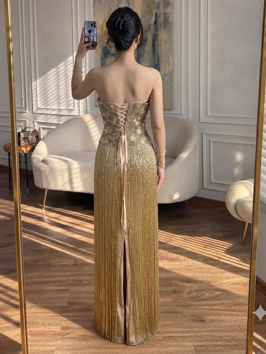Luxury Gold Beaded Fringe Strapless Art Deco Dress LA73853