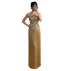 Luxury Gold Beaded Fringe Strapless Art Deco Dress LA73853
