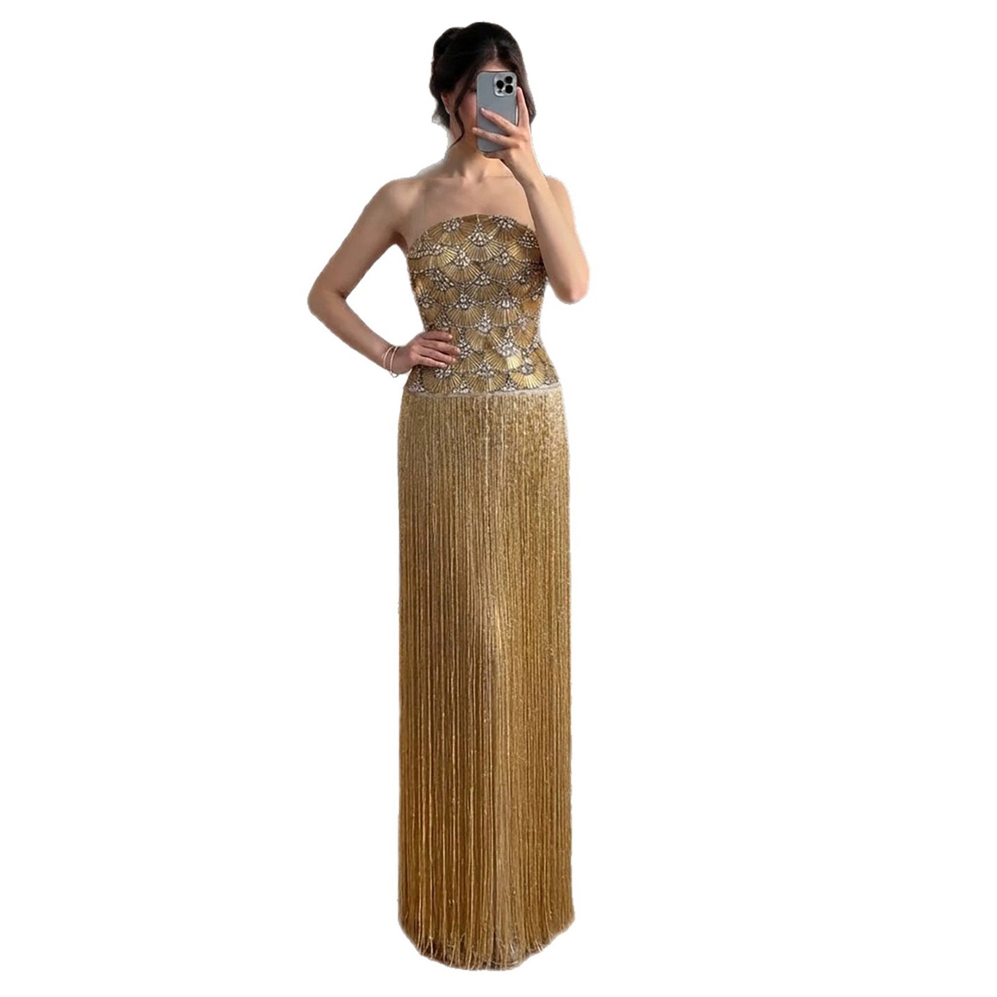 Luxury Gold Beaded Fringe Strapless Art Deco Dress LA73853