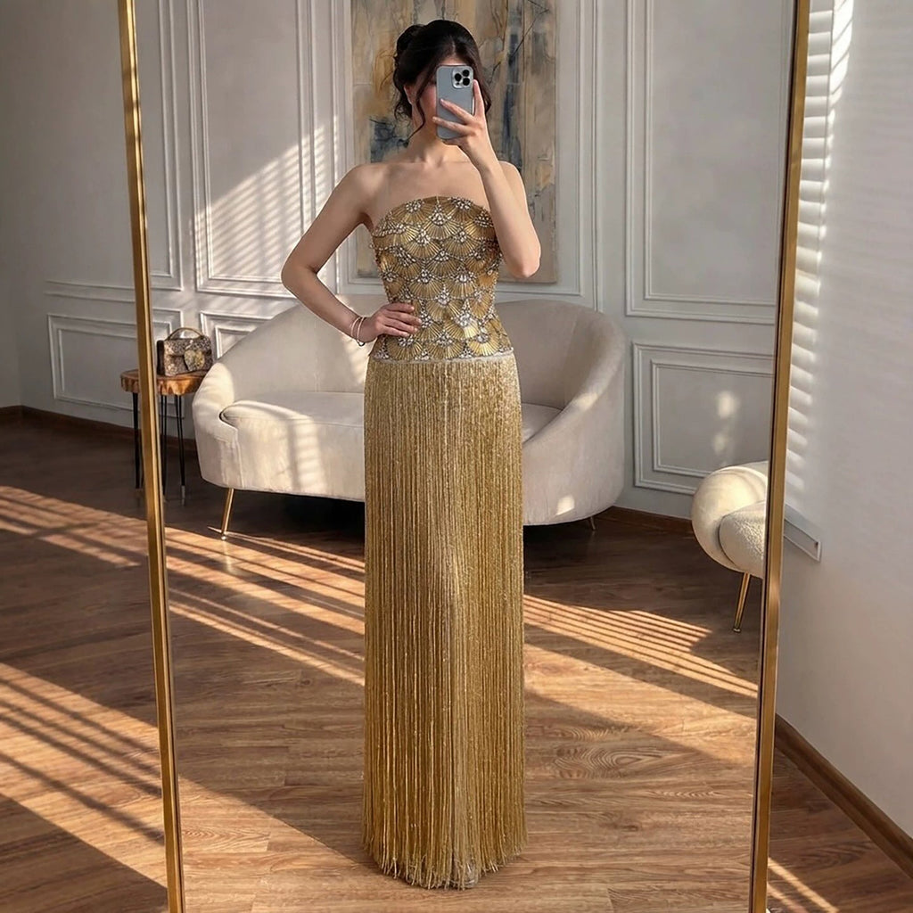 Luxury Gold Beaded Fringe Strapless Art Deco Dress LA73853