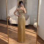 Luxury Gold Beaded Fringe Strapless Art Deco Dress LA73853