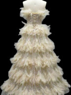 Luxury Beige Strapless Tiered Feather Sequin A Line Dress LA73854