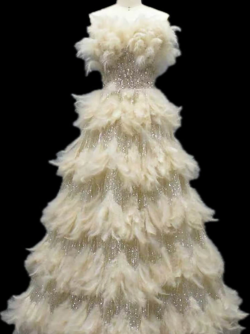 Luxury Beige Strapless Tiered Feather Sequin A Line Dress LA73854