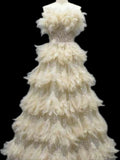 Luxury Beige Strapless Tiered Feather Sequin A Line Dress LA73854