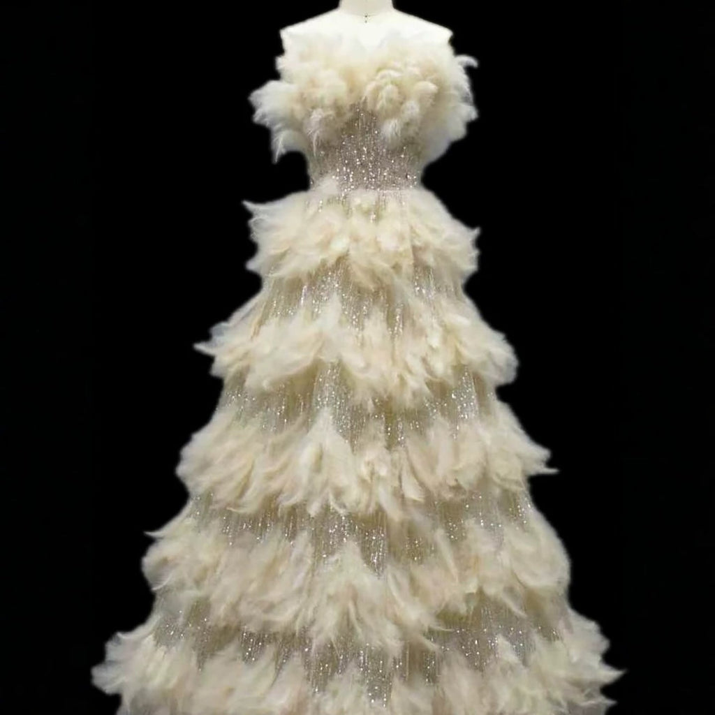 Luxury Beige Strapless Tiered Feather Sequin A Line Dress LA73854