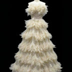 Luxury Beige Strapless Tiered Feather Sequin A Line Dress LA73854