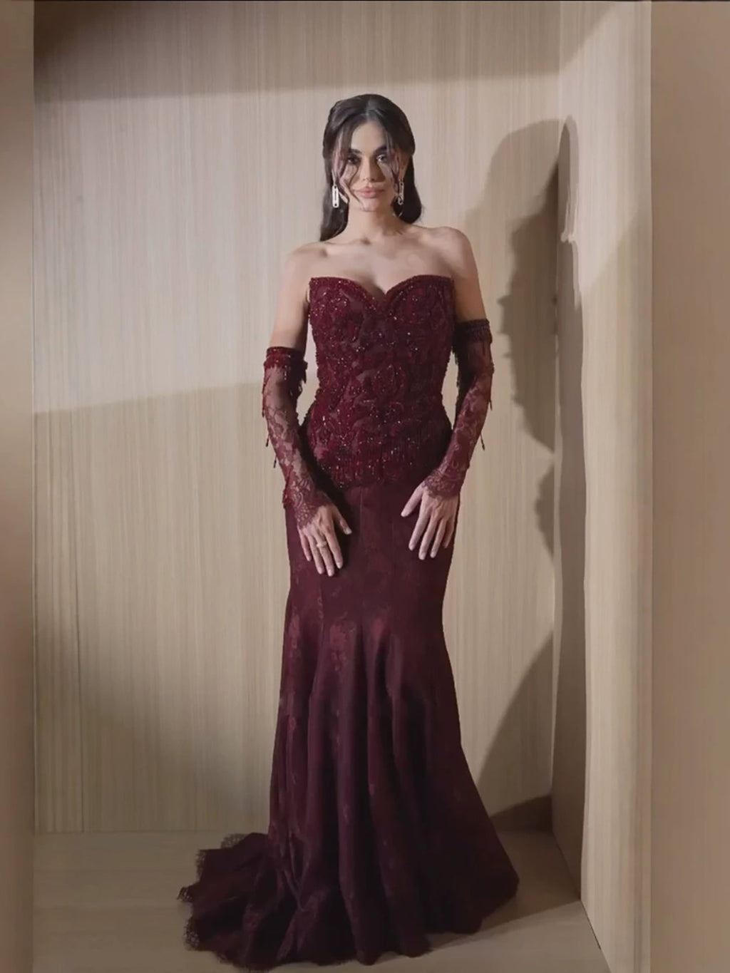 Wine Red Strapless Lace Beaded Detachable Long Sleeve Dress LA73855