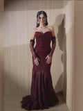 Wine Red Strapless Lace Beaded Detachable Long Sleeve Dress LA73855
