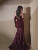 Wine Red Strapless Lace Beaded Detachable Long Sleeve Dress LA73855