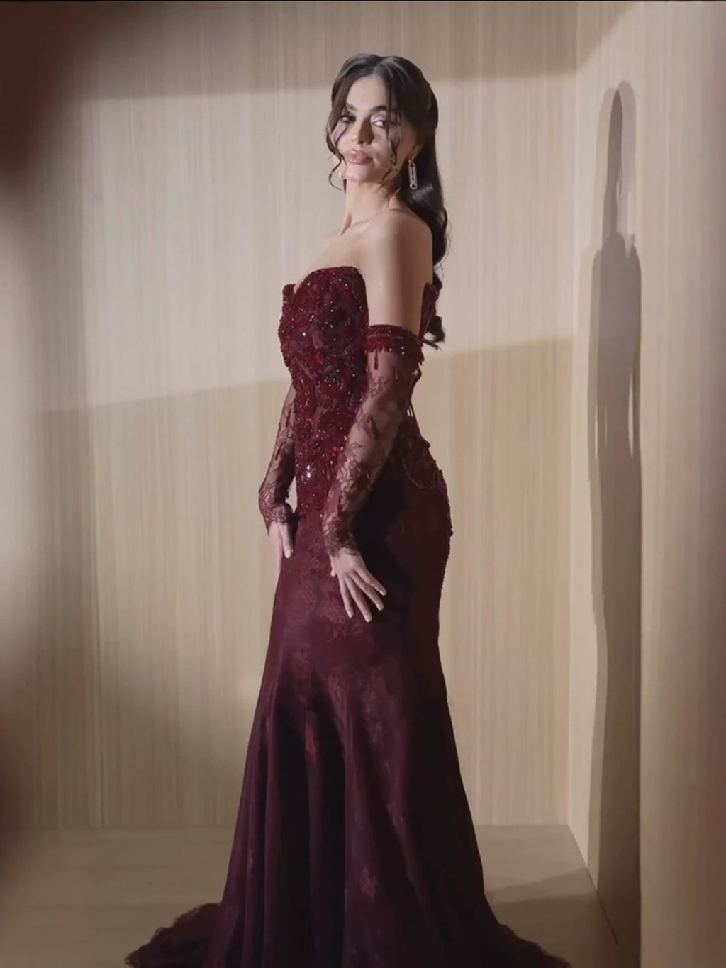 Wine Red Strapless Lace Beaded Detachable Long Sleeve Dress LA73855