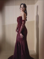 Wine Red Strapless Lace Beaded Detachable Long Sleeve Dress LA73855