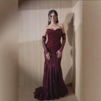 Wine Red Strapless Lace Beaded Detachable Long Sleeve Dress LA73855