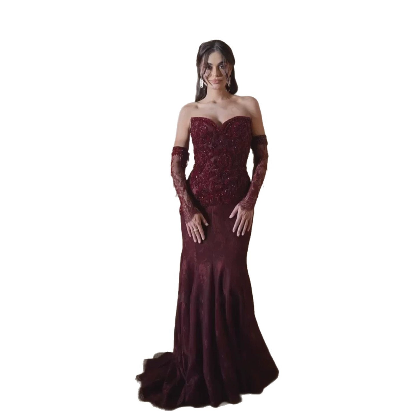 Wine Red Strapless Lace Beaded Detachable Long Sleeve Dress LA73855