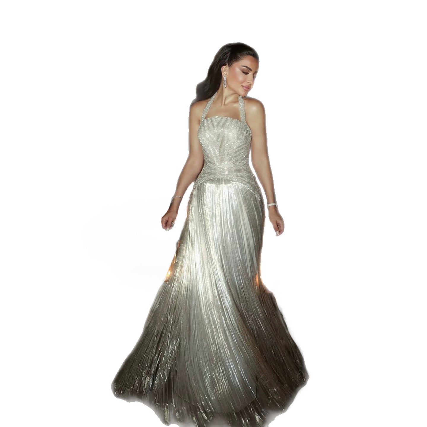 Luxury Silver Halter Beaded Shimmering Fringe Gown LA73856