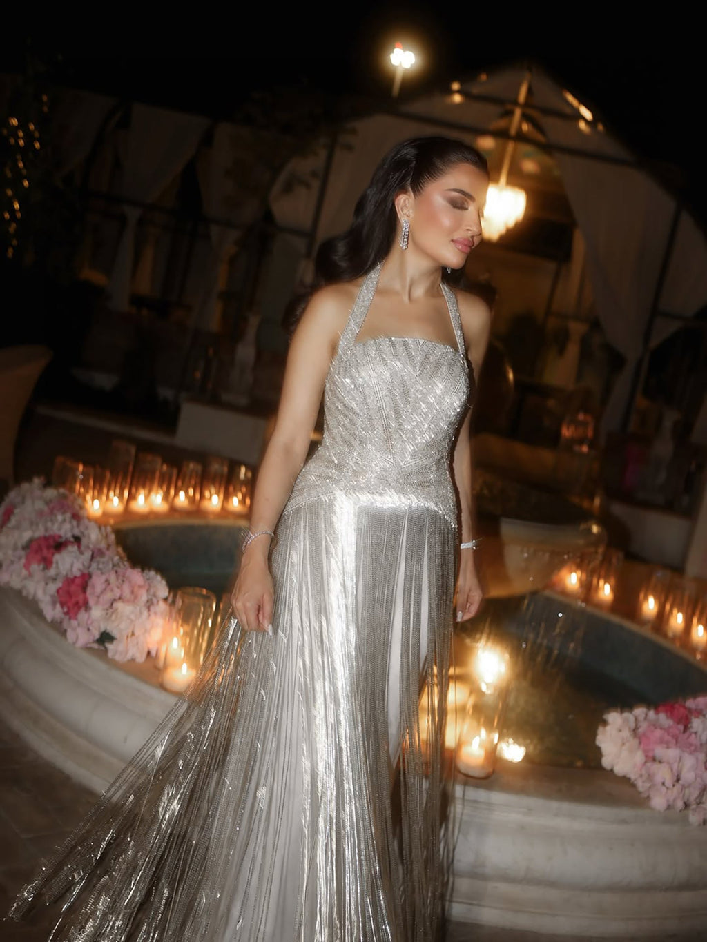 Luxury Silver Halter Beaded Shimmering Fringe Gown LA73856