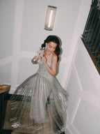 Luxury Silver Halter Beaded Shimmering Fringe Gown LA73856