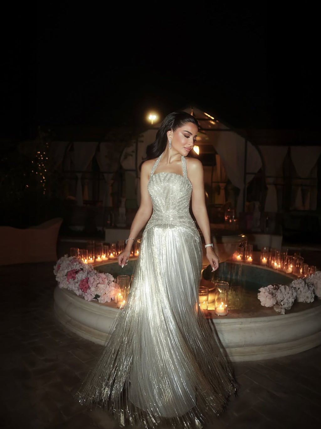 Luxury Silver Halter Beaded Shimmering Fringe Gown LA73856