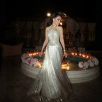 Luxury Silver Halter Beaded Shimmering Fringe Gown LA73856