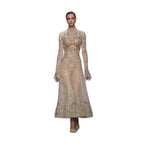 Luxury Nude High Neck Cut Out Beaded Lace A-Line Dress LA73857